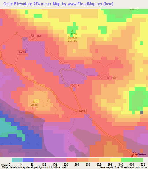 Oslje,Croatia Elevation Map