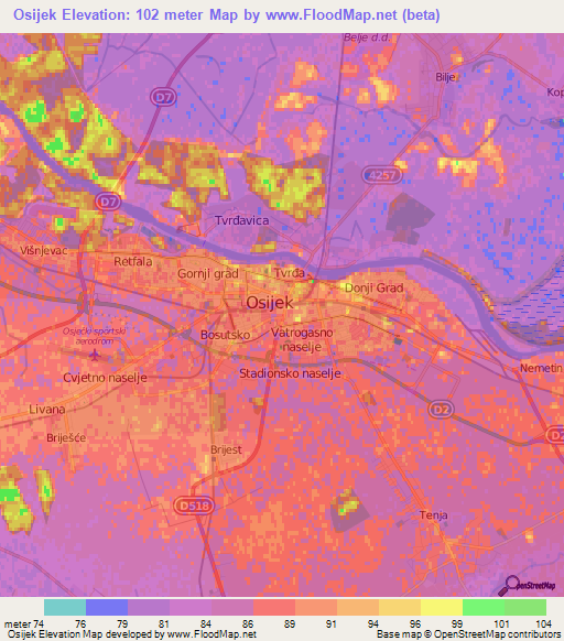 Osijek,Croatia Elevation Map