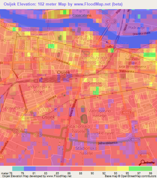 Osijek,Croatia Elevation Map