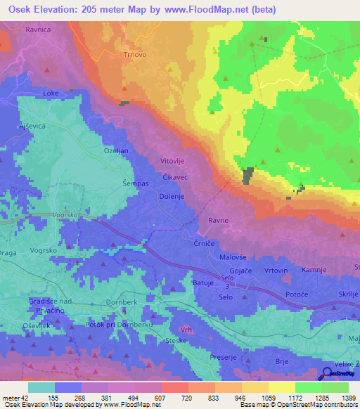 Osek,Slovenia Elevation Map