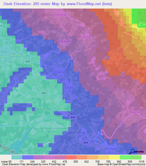 Osek,Slovenia Elevation Map