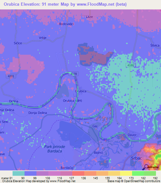 Orubica,Croatia Elevation Map