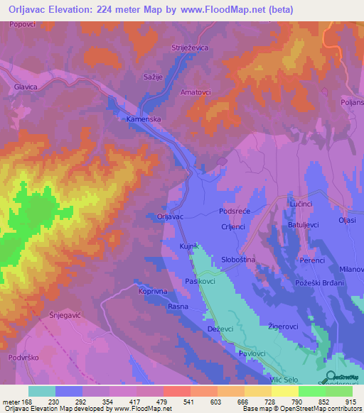 Orljavac,Croatia Elevation Map