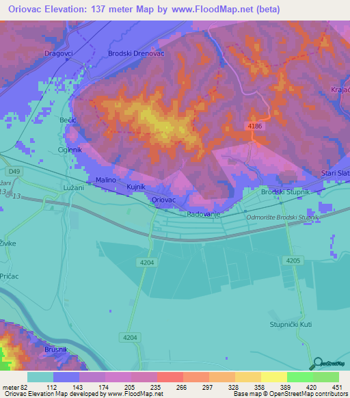 Oriovac,Croatia Elevation Map