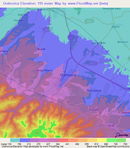 Orahovica,Croatia Elevation Map