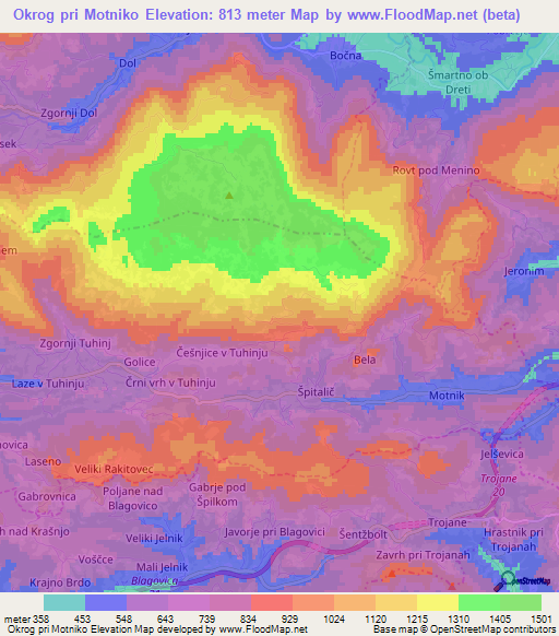 Okrog pri Motniko,Slovenia Elevation Map