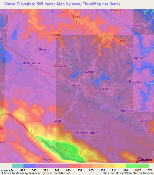 Obrov,Slovenia Elevation Map