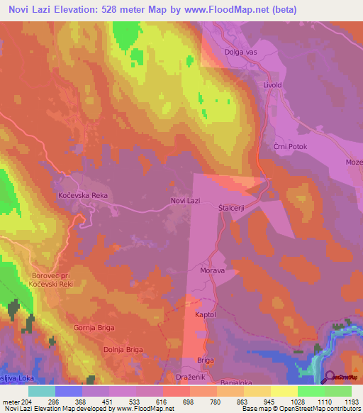 Novi Lazi,Slovenia Elevation Map