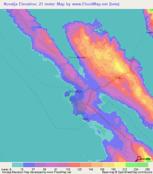 Novalja,Croatia Elevation Map