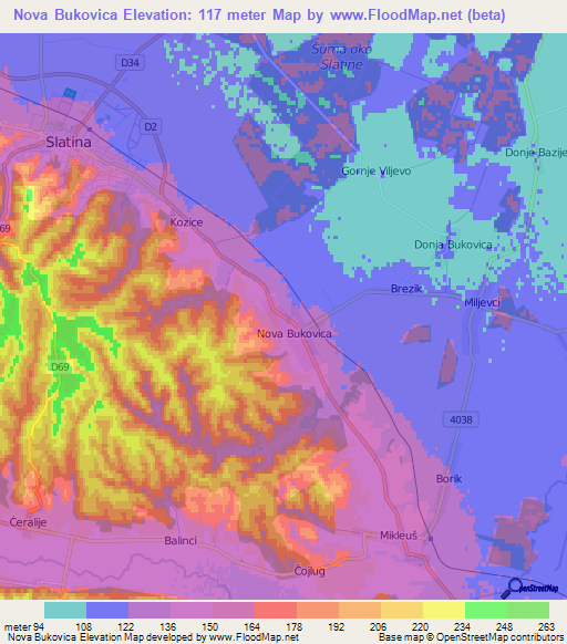 Nova Bukovica,Croatia Elevation Map