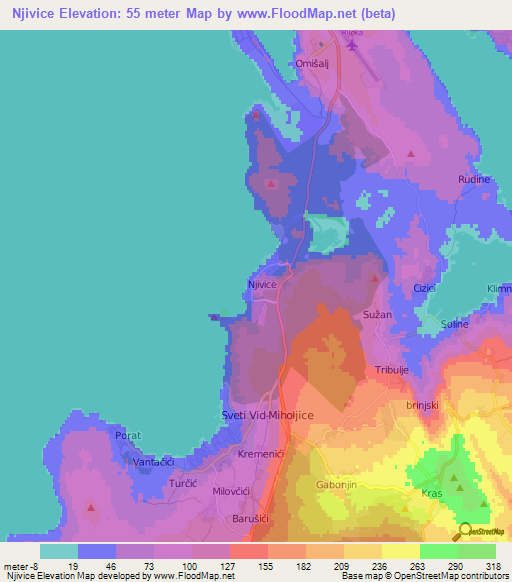 Njivice,Croatia Elevation Map