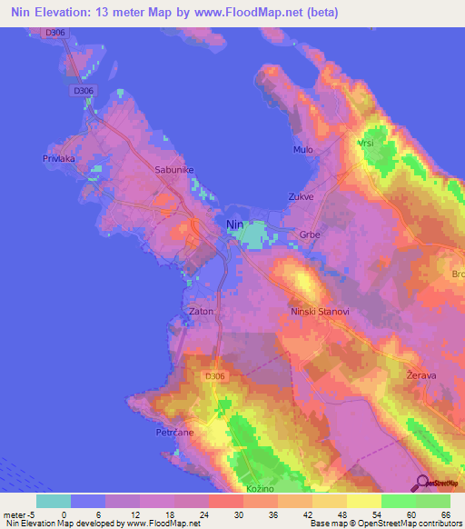 Nin,Croatia Elevation Map