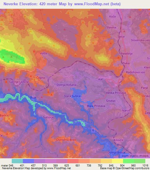 Neverke,Slovenia Elevation Map