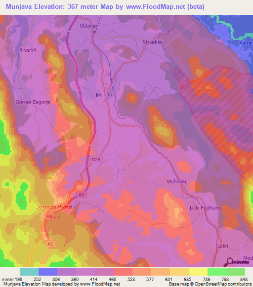 Munjava,Croatia Elevation Map