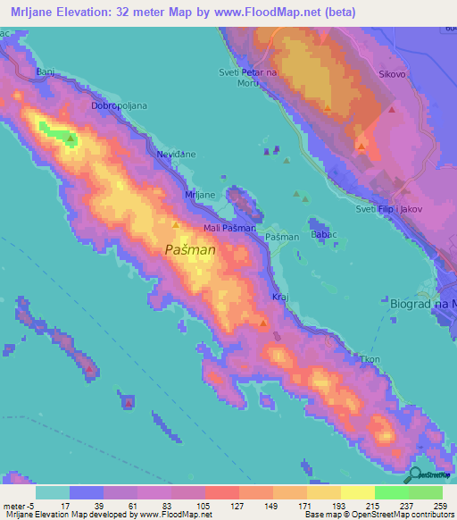 Mrljane,Croatia Elevation Map