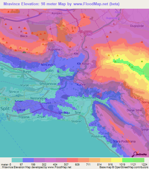 Mravince,Croatia Elevation Map