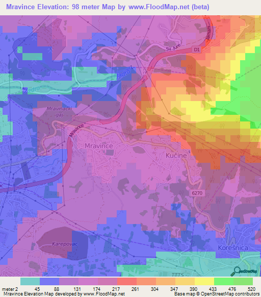 Mravince,Croatia Elevation Map