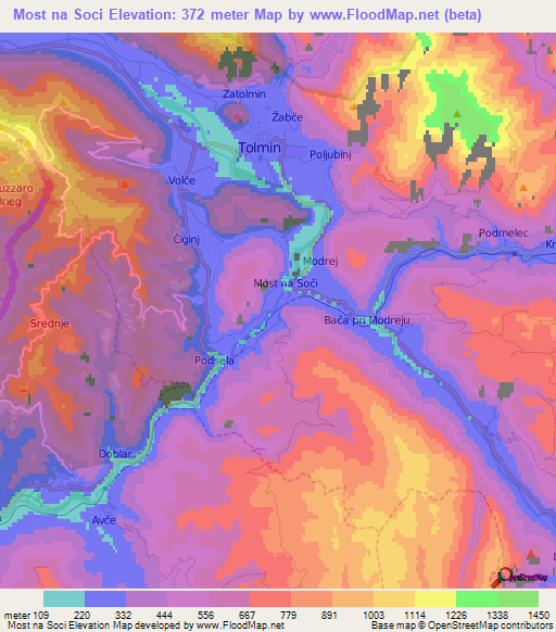 Most na Soci,Slovenia Elevation Map