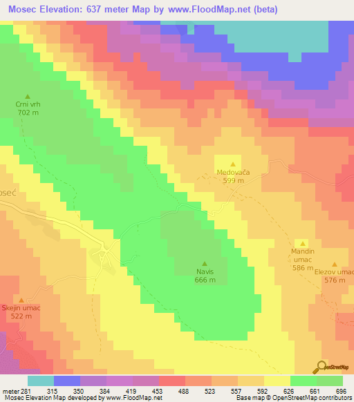 Mosec,Croatia Elevation Map