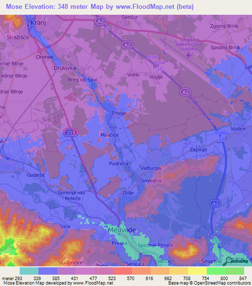 Mose,Slovenia Elevation Map