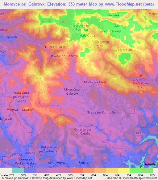 Moravce pri Gabrovki,Slovenia Elevation Map