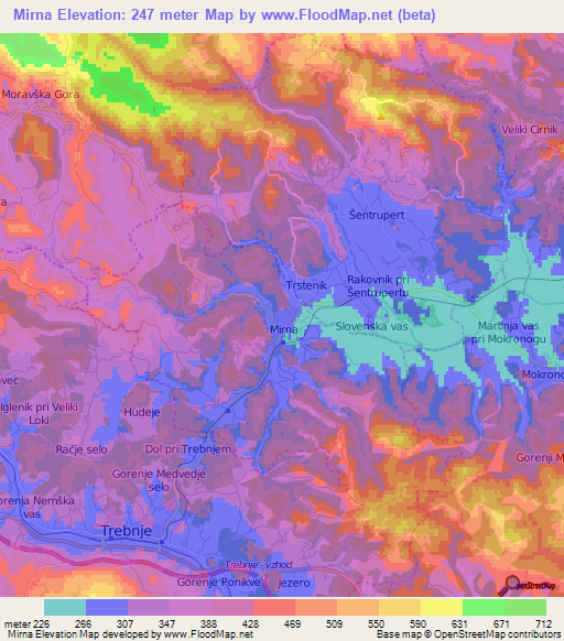 Mirna,Slovenia Elevation Map