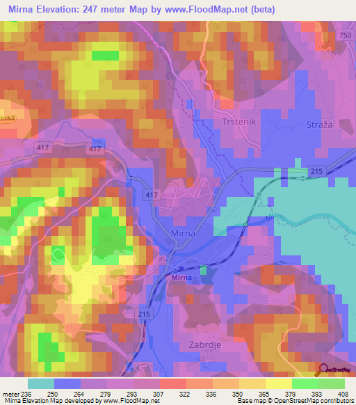 Mirna,Slovenia Elevation Map