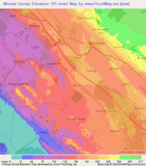 Miranje Gornje,Croatia Elevation Map