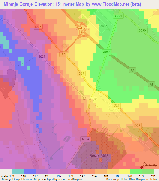 Miranje Gornje,Croatia Elevation Map