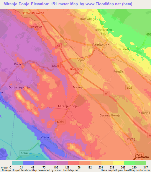 Miranje Donje,Croatia Elevation Map