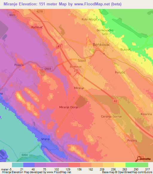 Miranje,Croatia Elevation Map