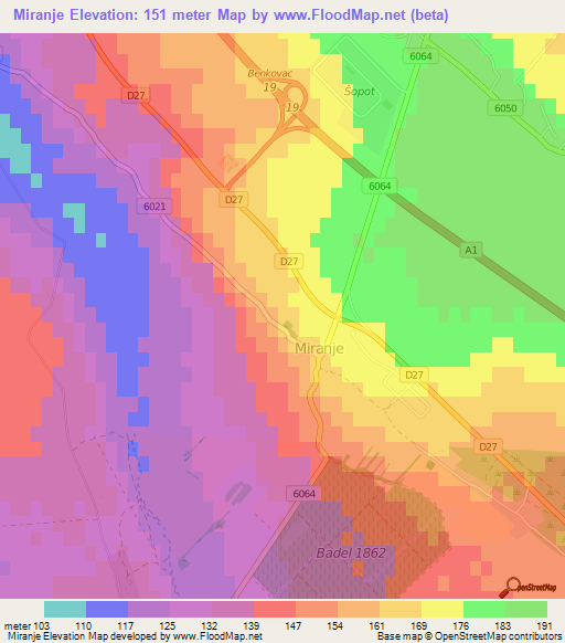 Miranje,Croatia Elevation Map