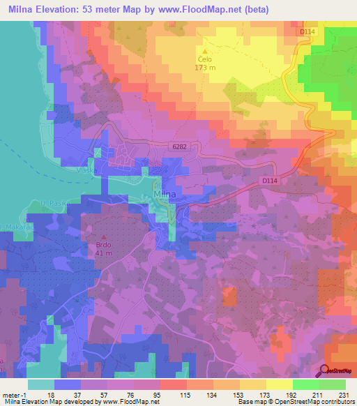 Milna,Croatia Elevation Map