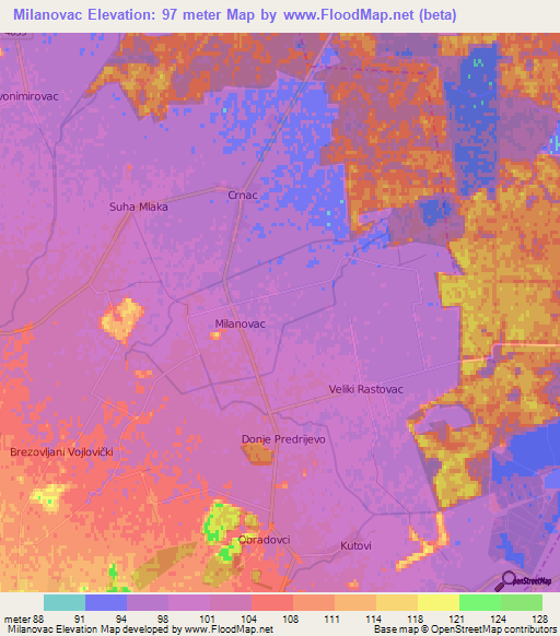 Milanovac,Croatia Elevation Map