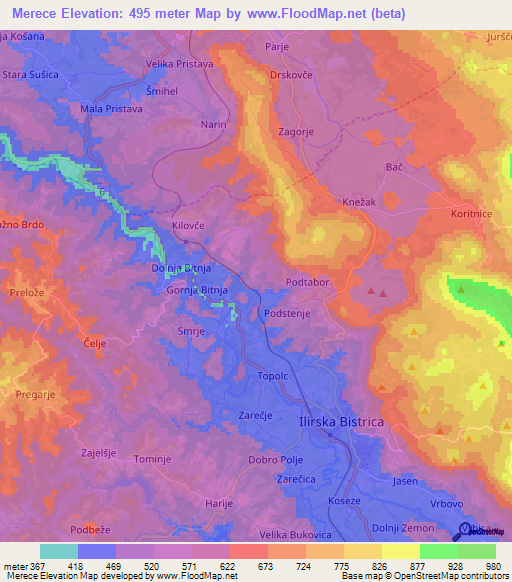 Merece,Slovenia Elevation Map