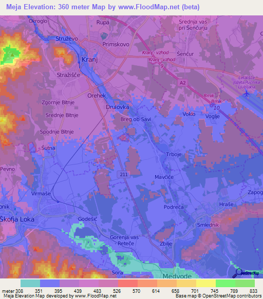 Meja,Slovenia Elevation Map