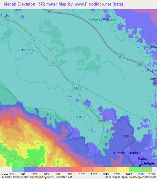 Medak,Croatia Elevation Map