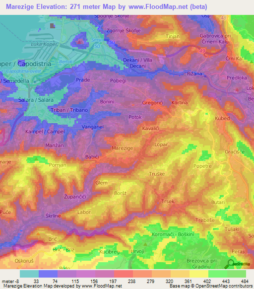 Marezige,Slovenia Elevation Map