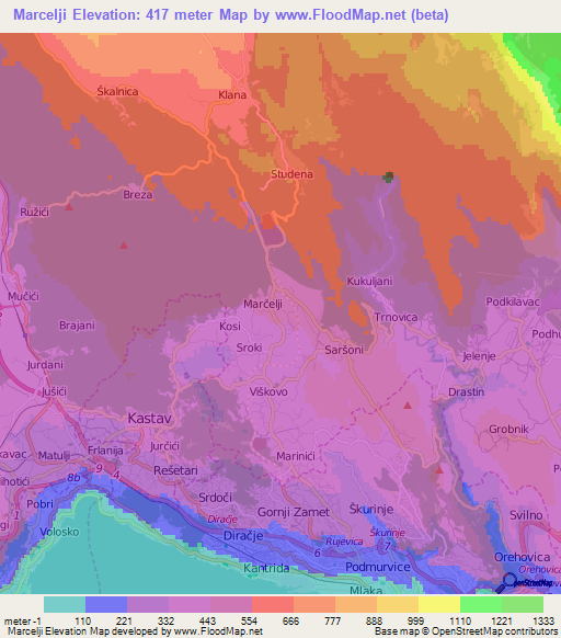 Marcelji,Croatia Elevation Map