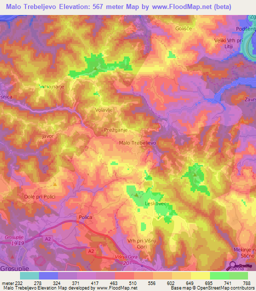 Malo Trebeljevo,Slovenia Elevation Map