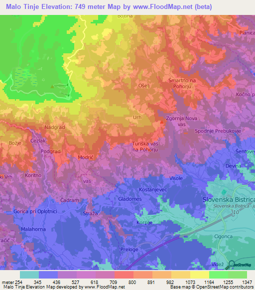 Malo Tinje,Slovenia Elevation Map