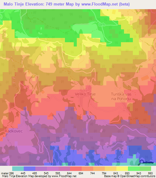 Malo Tinje,Slovenia Elevation Map