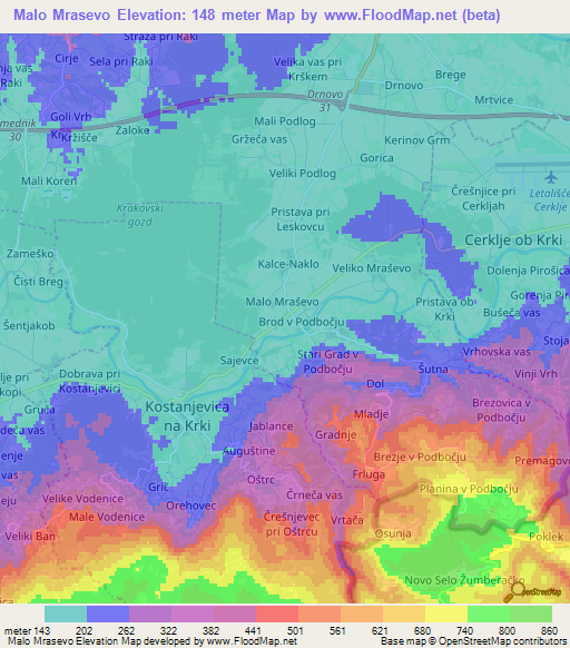 Malo Mrasevo,Slovenia Elevation Map