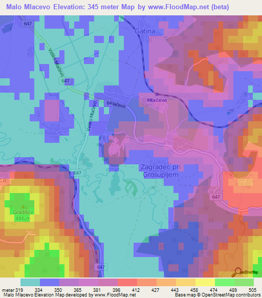 Malo Mlacevo,Slovenia Elevation Map