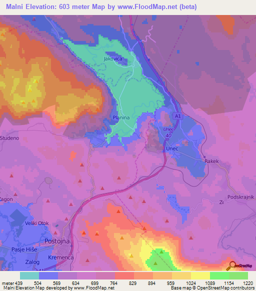 Malni,Slovenia Elevation Map