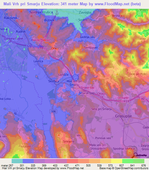 Mali Vrh pri Smarju,Slovenia Elevation Map