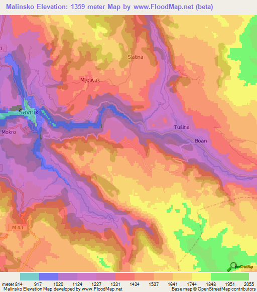 Malinsko,Montenegro Elevation Map