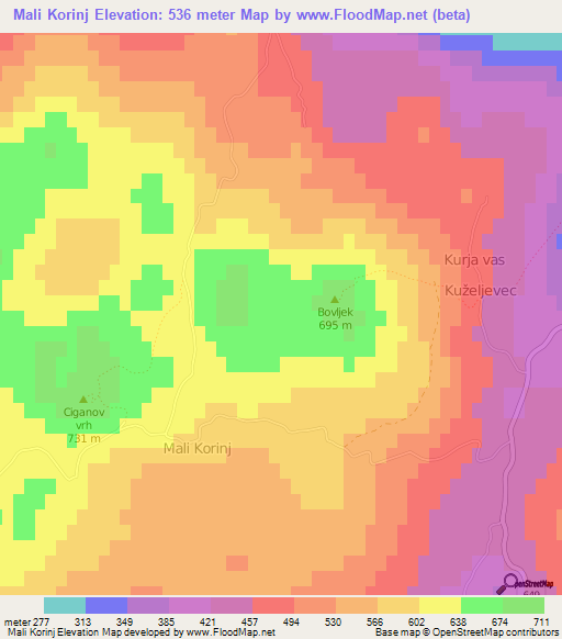 Mali Korinj,Slovenia Elevation Map