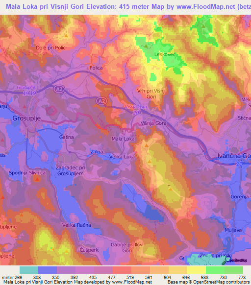 Mala Loka pri Visnji Gori,Slovenia Elevation Map