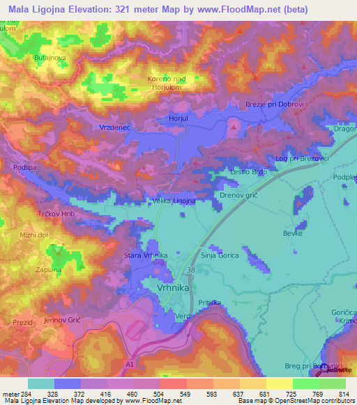 Mala Ligojna,Slovenia Elevation Map